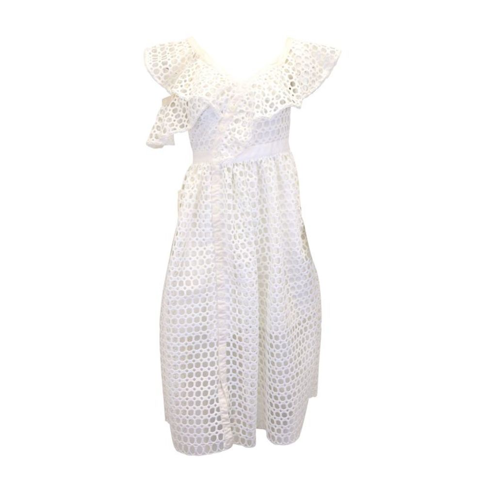 Self Portrait One Shoulder Ruffled Midi Dress in White Polyester Lace